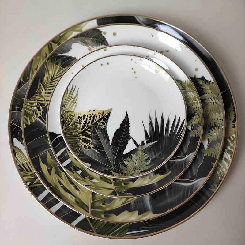 Green And Gold Leaves Dinner Dishes Set 