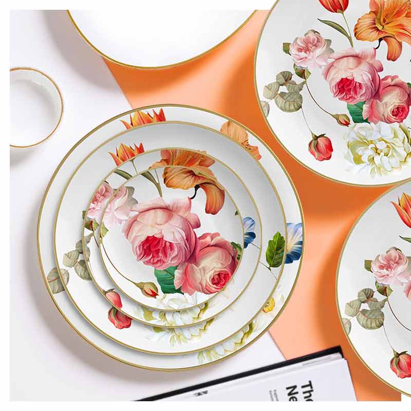 Red Floral Printing On White Dinner Set