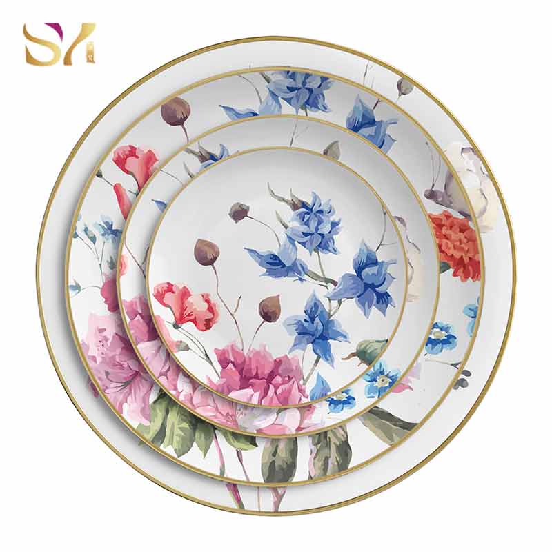 Blue Pink Flower Ceramic China Dinner Set