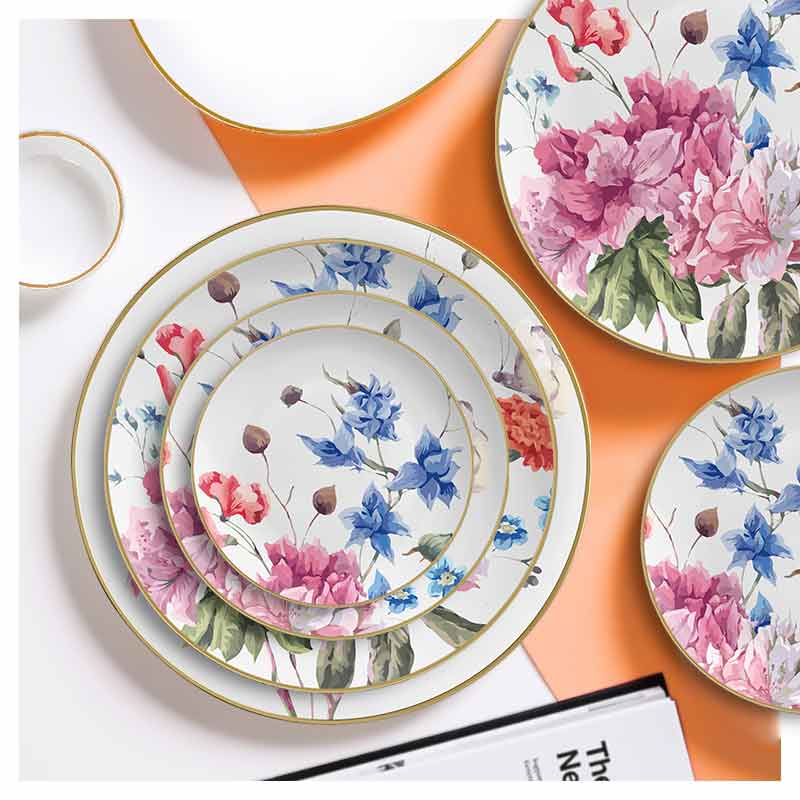 Blue Pink Flower Ceramic China Dinner Set