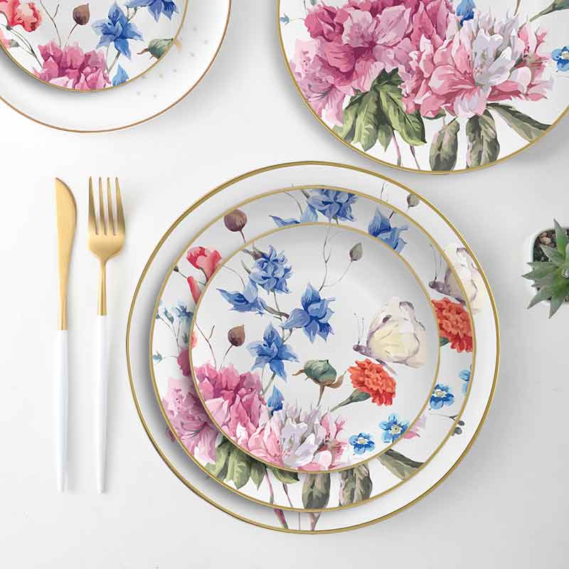 Blue Pink Flower Ceramic China Dinner Set