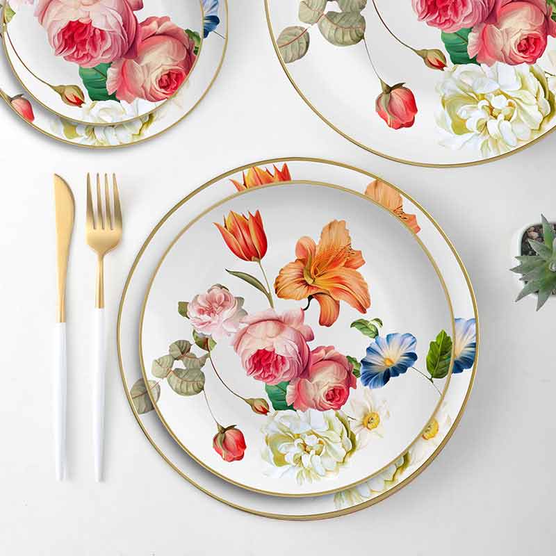 Red Floral Printing On White Dinner Set