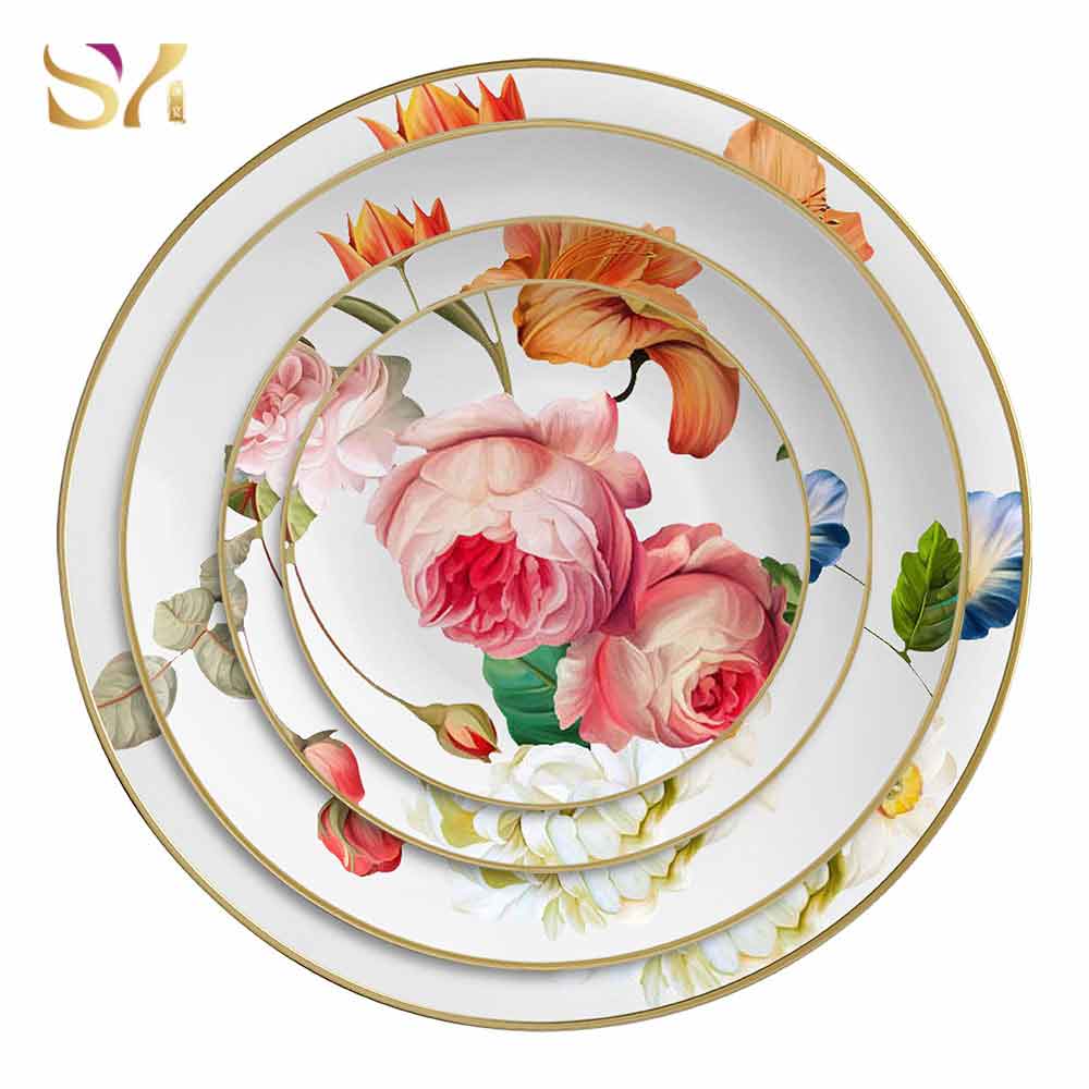 Red Floral Printing On White Dinner Set