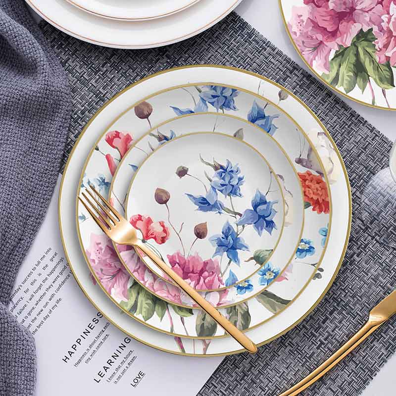 Blue Pink Flower Ceramic China Dinner Set