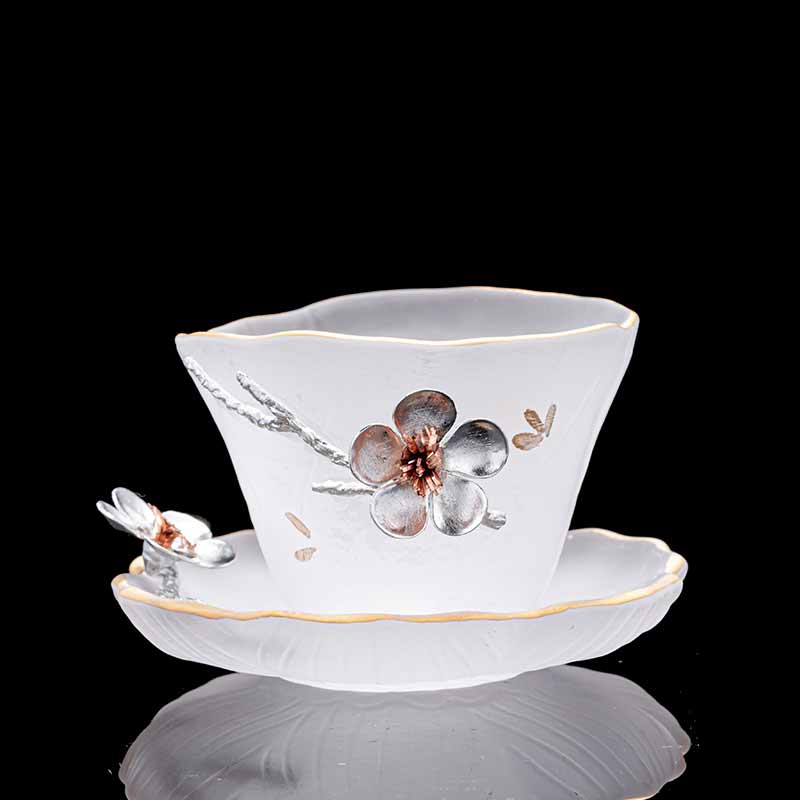 Tin Flower Design Glass Tea Cups Saucer Set