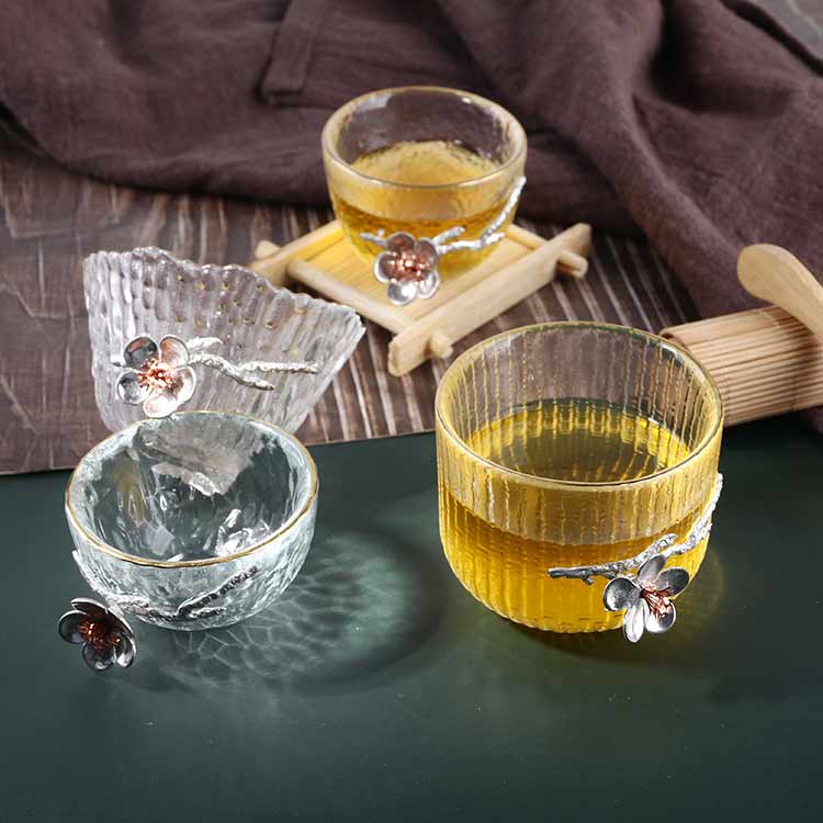 Tin Flower Design Glass Tea Cups Saucer Set