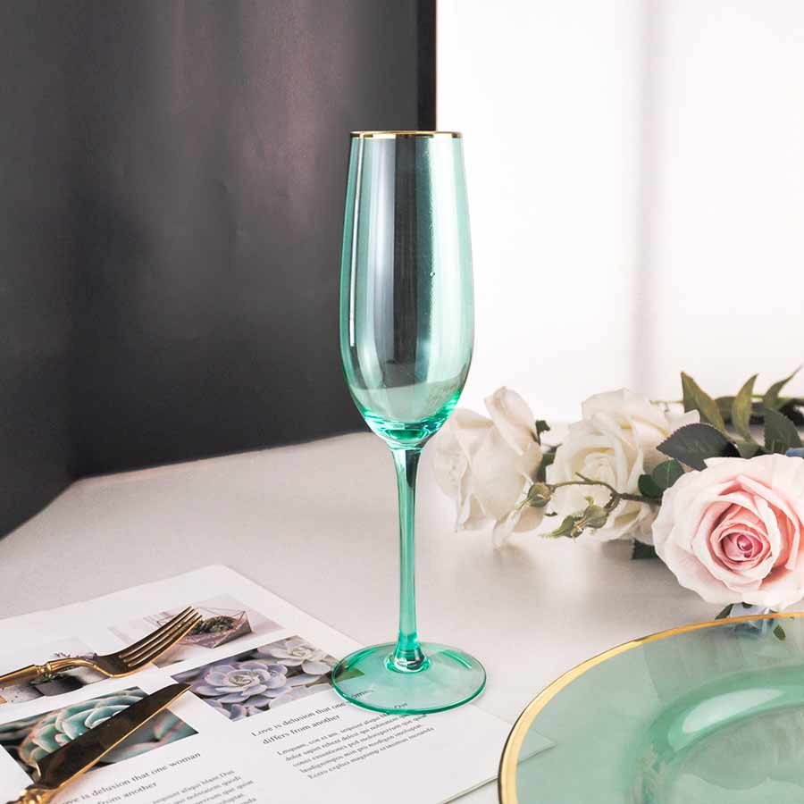 Green Glass Champagne With Gold Rim