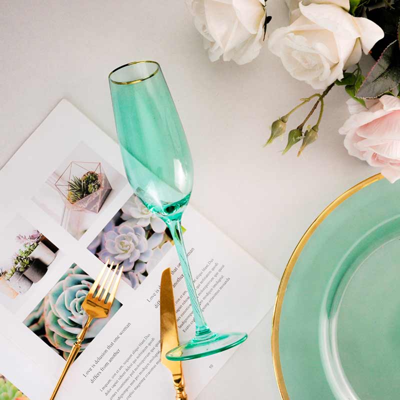 Green Glass Champagne With Gold Rim