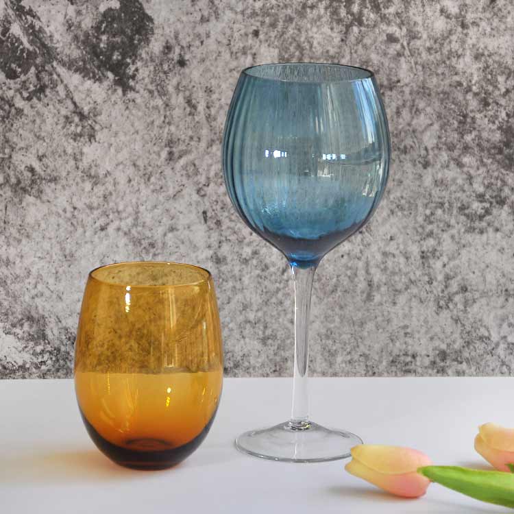 Blue Ribbed Wine Glass 